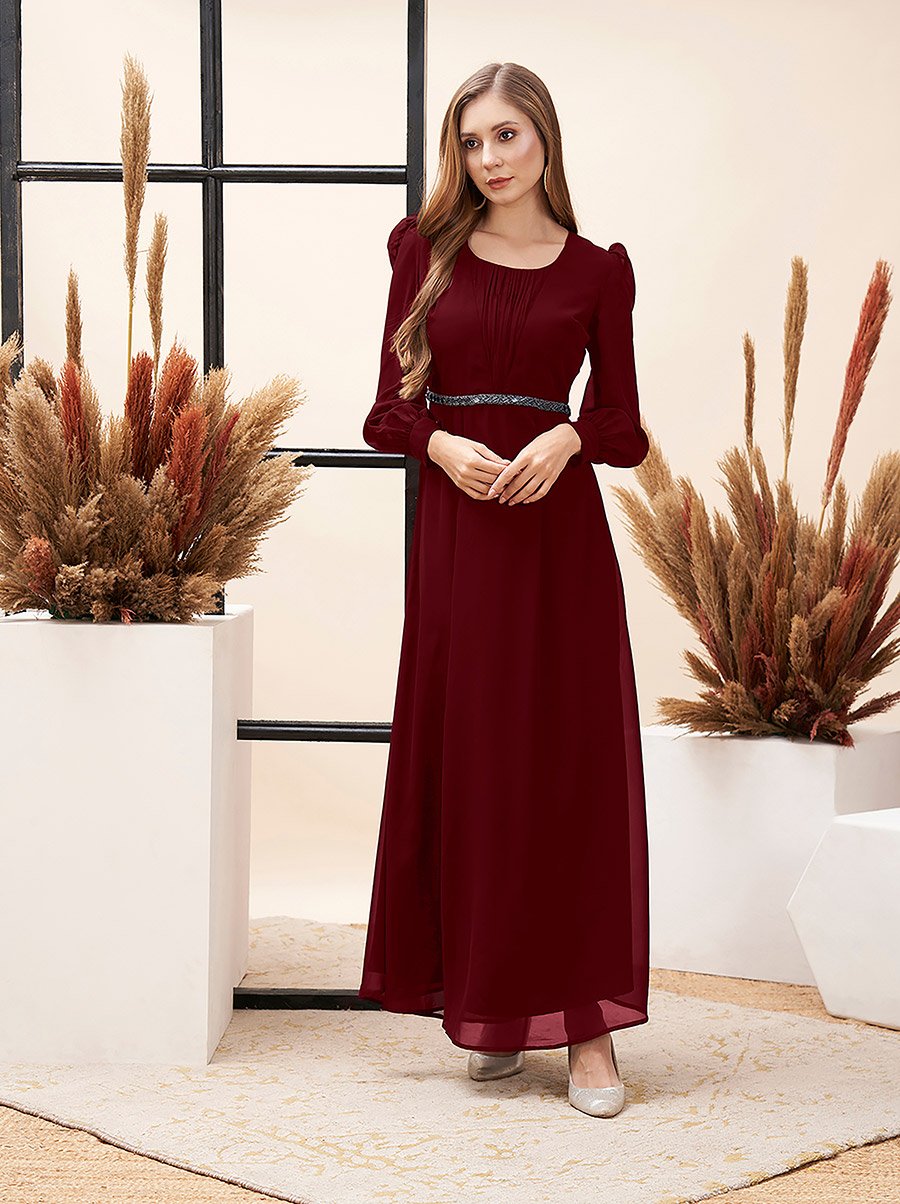 Gathered Detail Square Neck Balloon Sleeve Maxi Dress