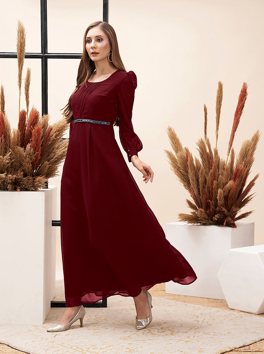 Gathered Detail Square Neck Balloon Sleeve Maxi Dress