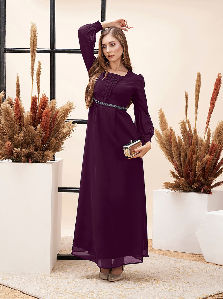 red a line v neck prom dress Square Neck Puff Sleeves Pleated A-Line Maxi Dress main image 1