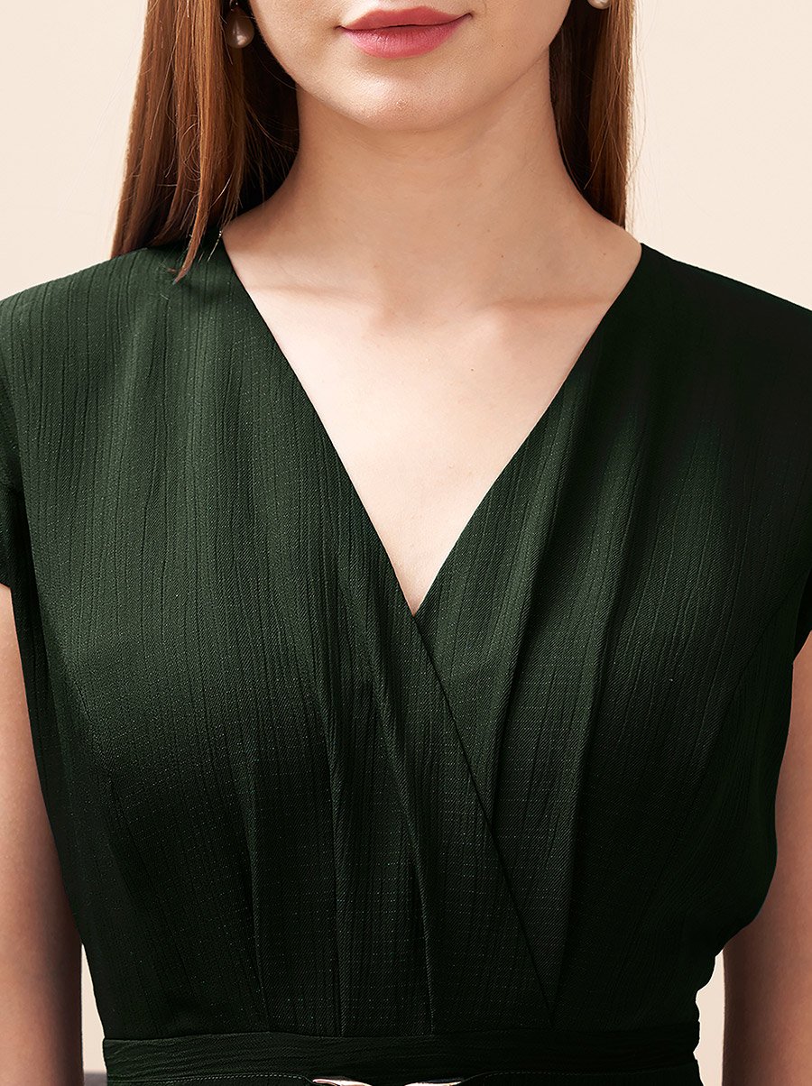 Textured V-Neck Maxi Dress with Centre Belt Detail