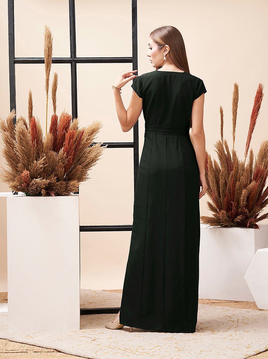 Textured V-Neck Maxi Dress with Centre Belt Detail