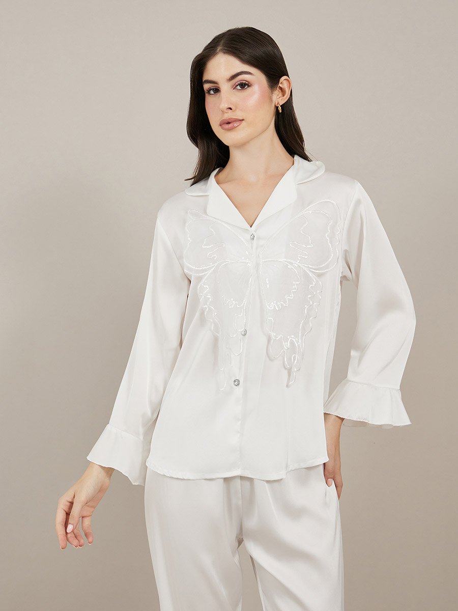 Satin Butterfly Print Long Sleeve Pajama Set