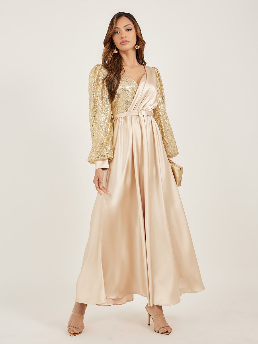 Sequin Embellished Long Sleeves A-Line Maxi Dress