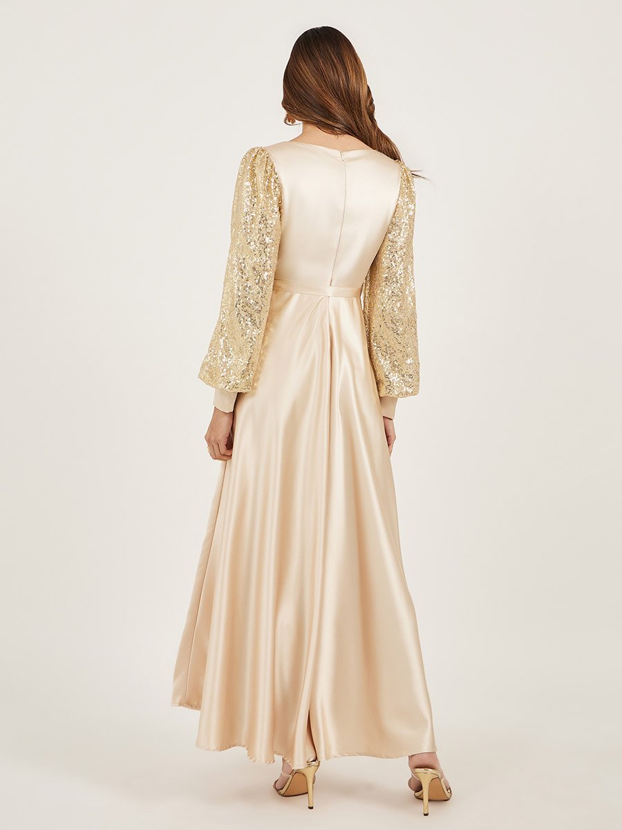 Sequin Embellished Long Sleeves A-Line Maxi Dress