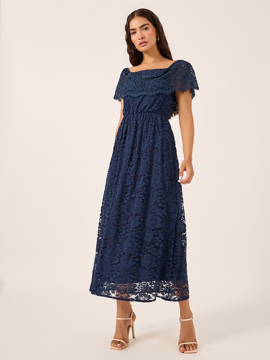 All-Over Lace Square Neck A-Line Midi Dress