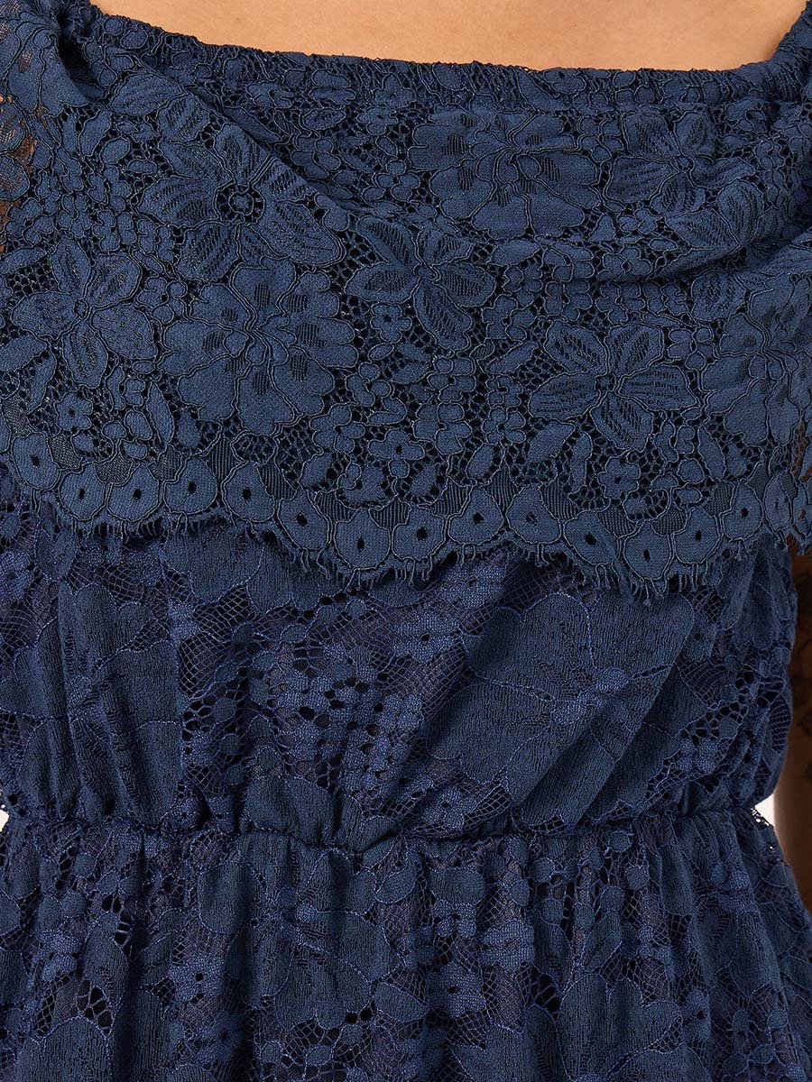 All-Over Lace Square Neck A-Line Midi Dress