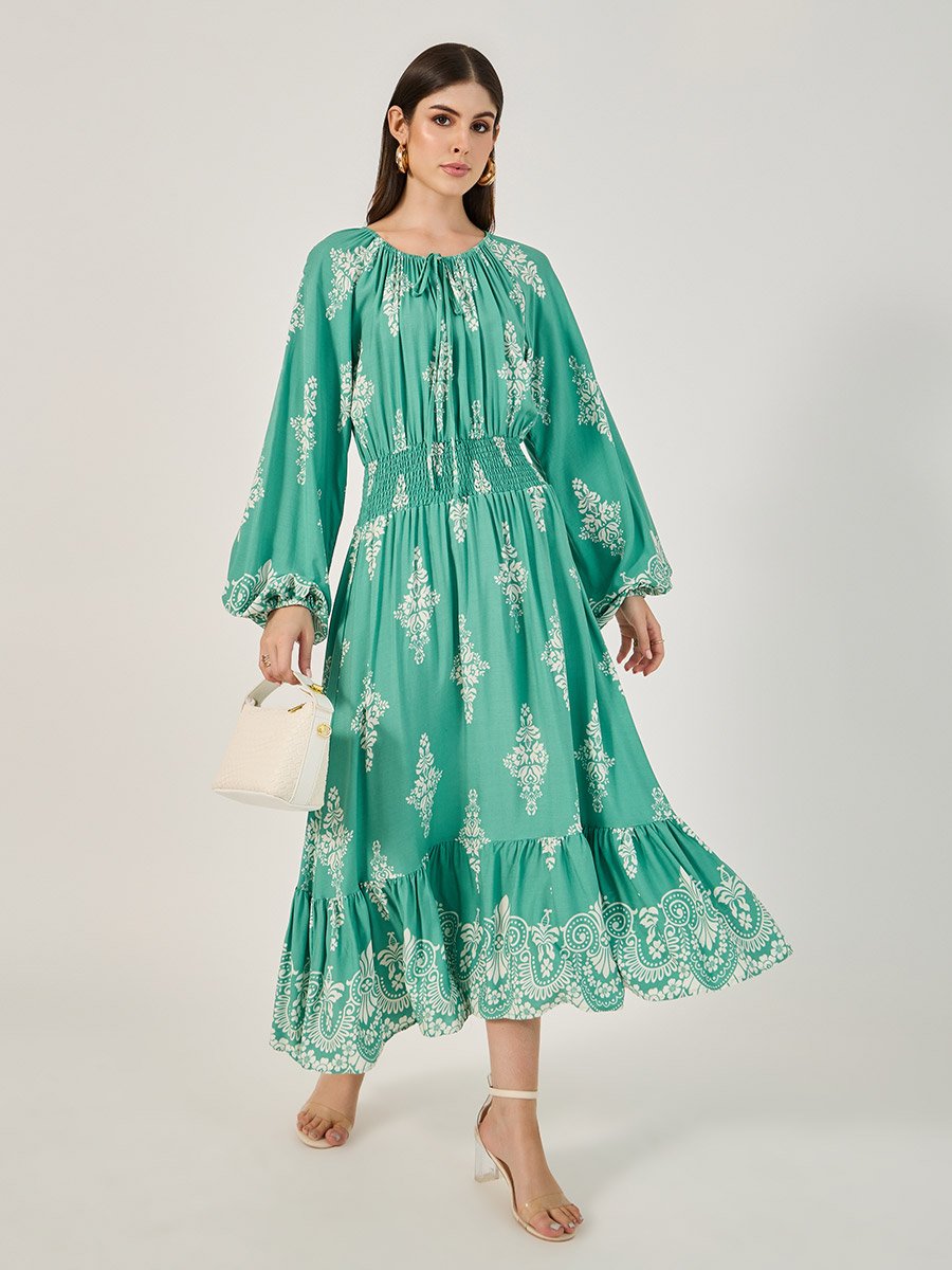 All Over Print Smocked Detail A-Line Midi Dress