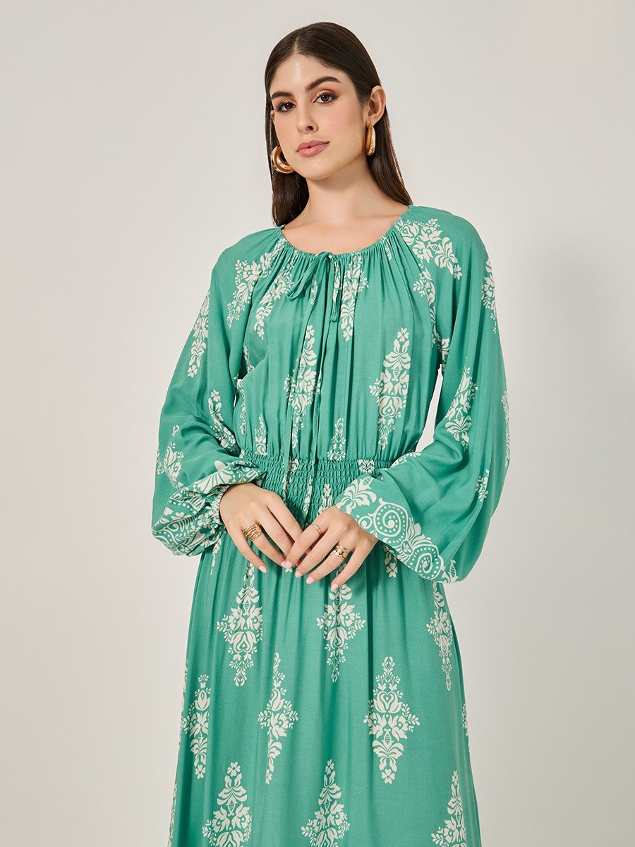 All Over Print Smocked Detail A-Line Midi Dress