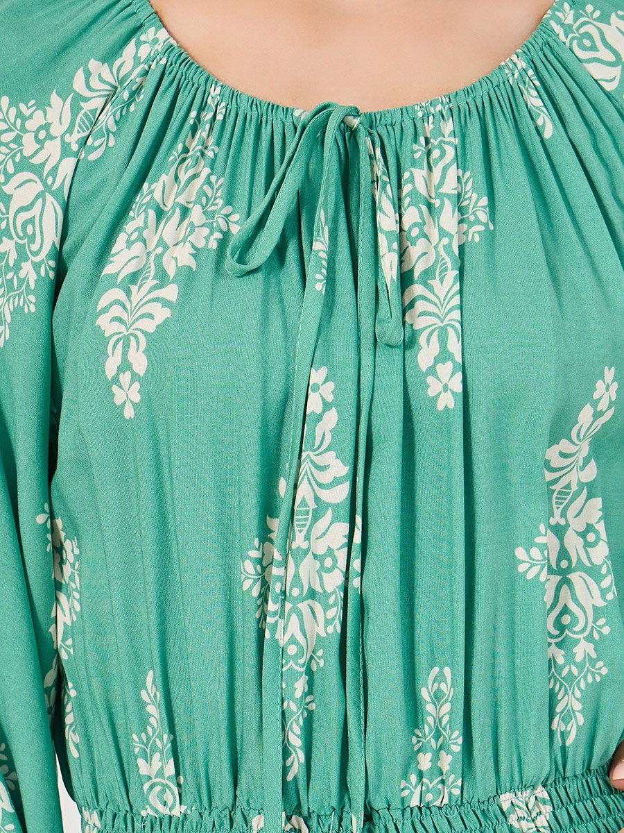 All Over Print Smocked Detail A-Line Midi Dress