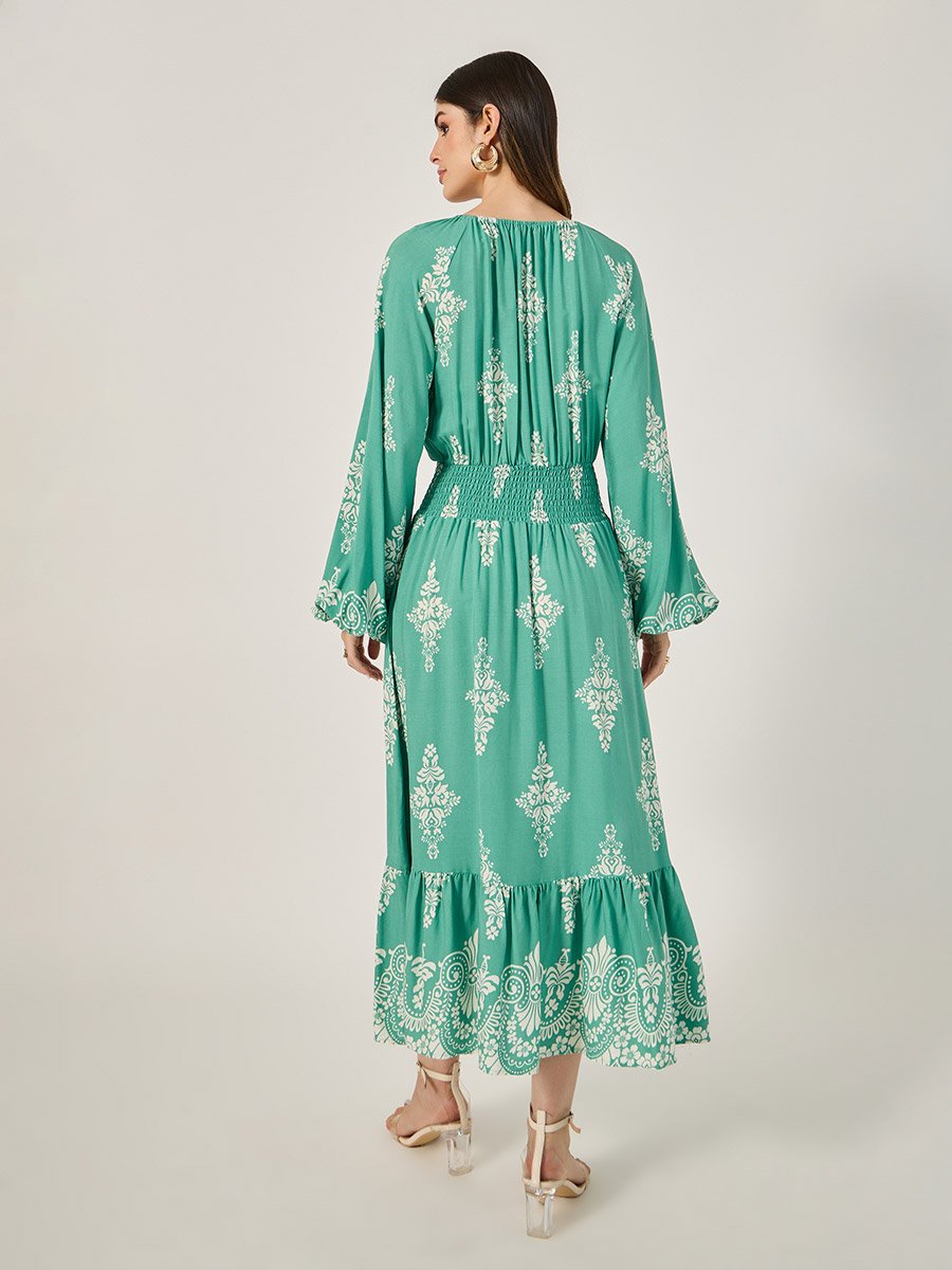 All Over Print Smocked Detail A-Line Midi Dress