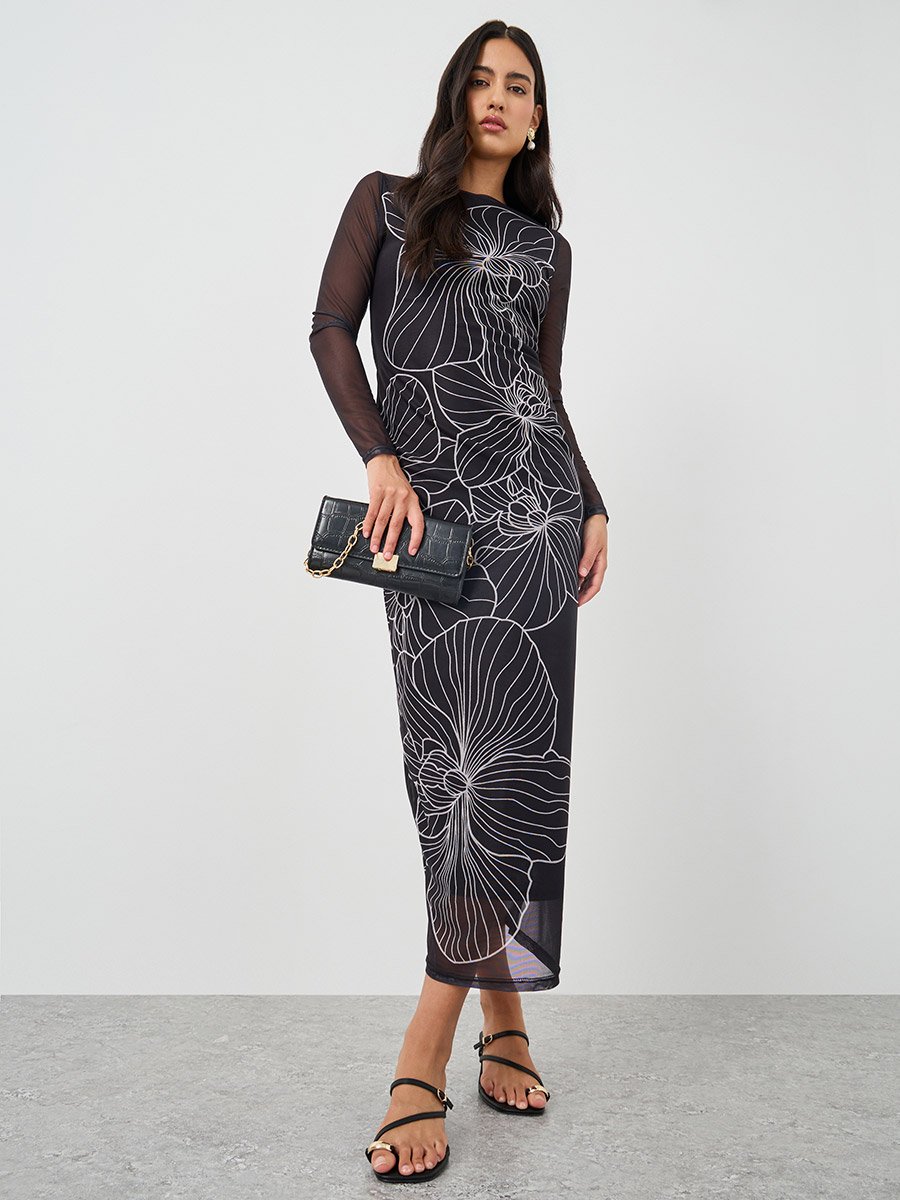 Floral Print Long Sleeves Bodycon Maxi Dress For Women at Kuwait | Styli