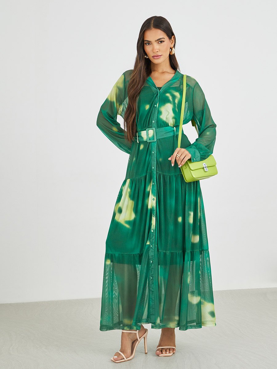Tie and Dye Print V Neck Shirt Maxi Dress with Belt