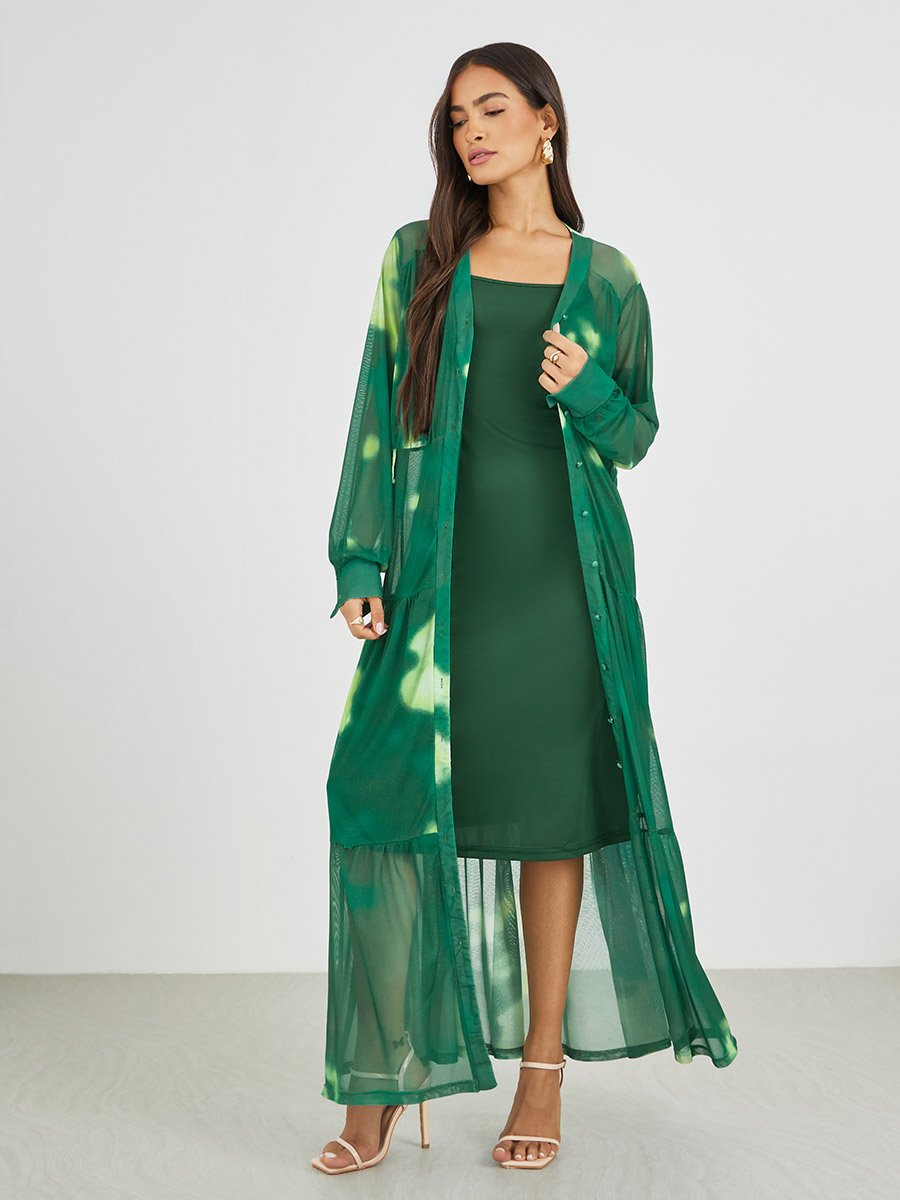 Tie and Dye Print V Neck Shirt Maxi Dress with Belt