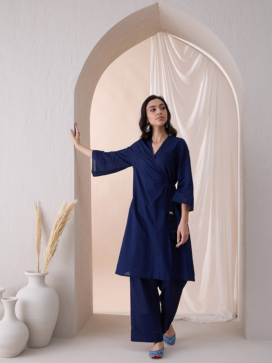 Cotton Textured Dobby Wrap Kurta with Straight Pant Co-Ords