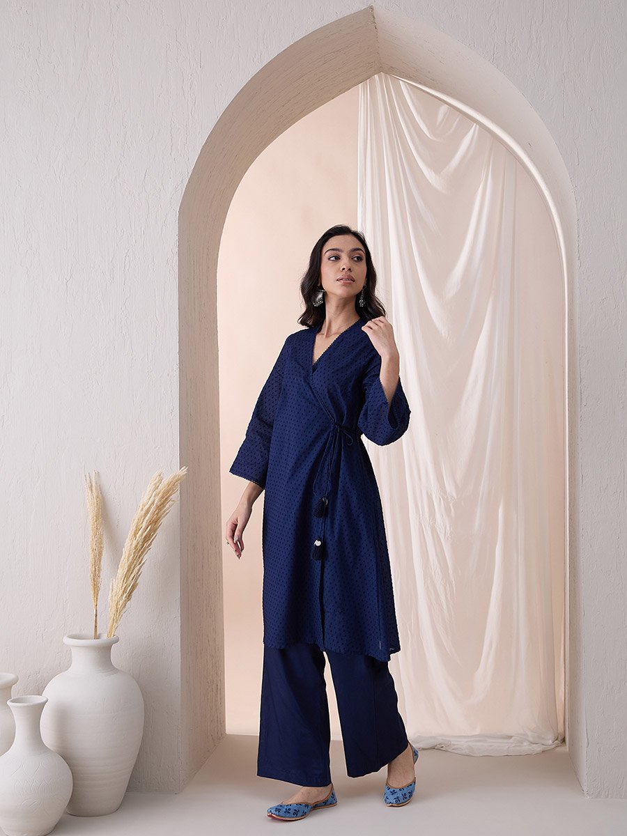Cotton Textured Dobby Wrap Kurta with Straight Pant Co-Ords