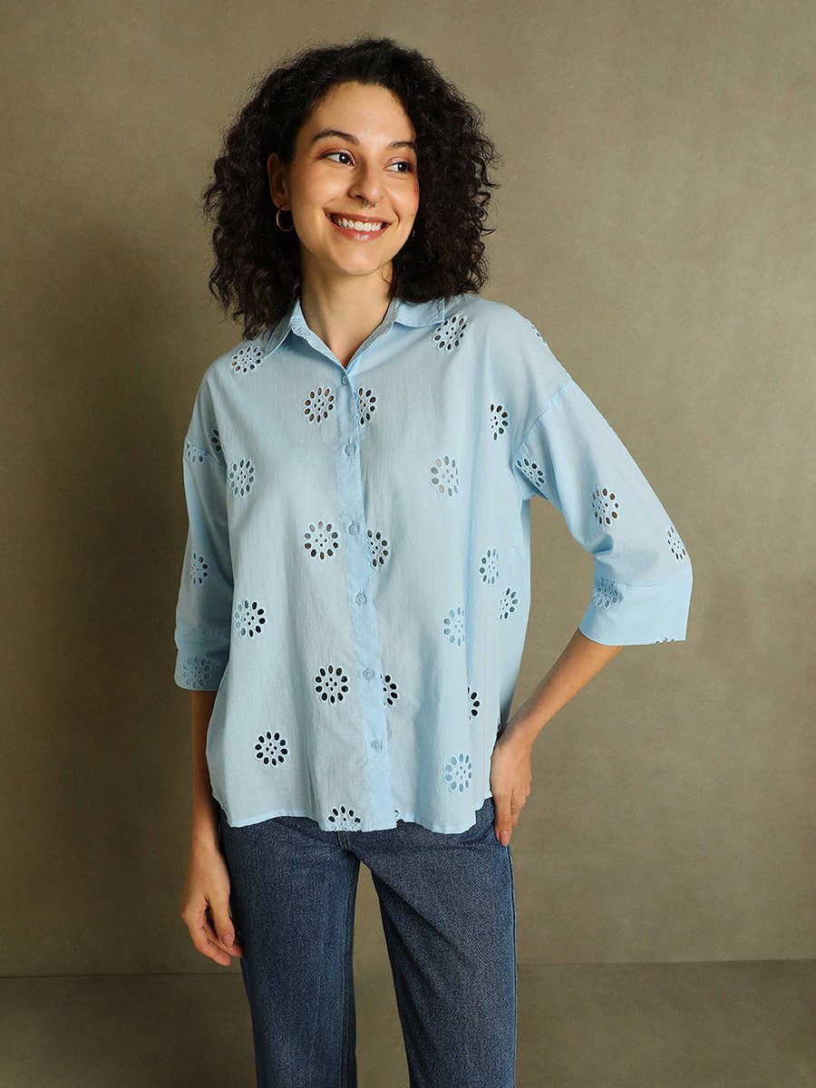 Schiffli Design 3/4 Sleeves Relaxed Fit Shirt