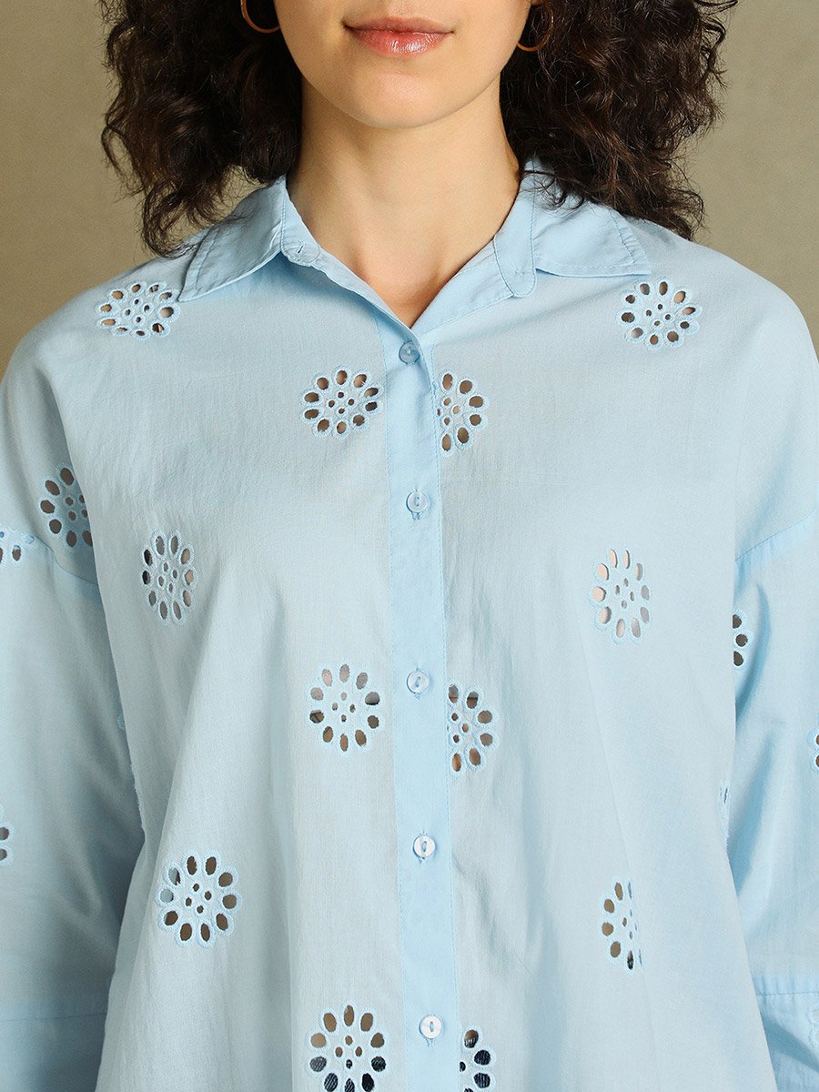 Schiffli Design 3/4 Sleeves Relaxed Fit Shirt