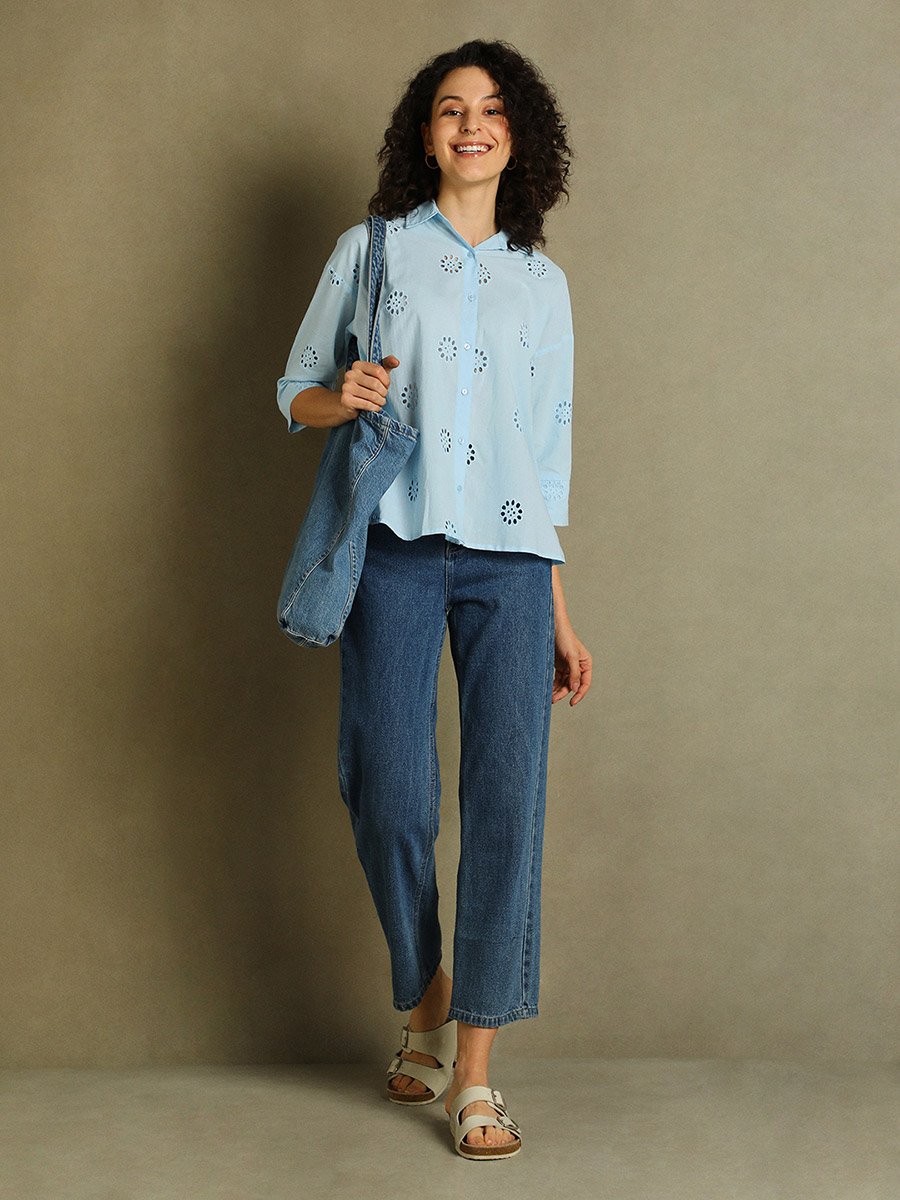 Schiffli Design 3/4 Sleeves Relaxed Fit Shirt