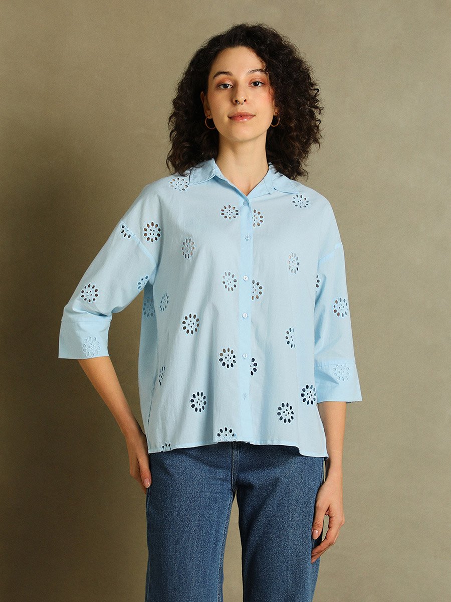 Schiffli Design 3/4 Sleeves Relaxed Fit Shirt