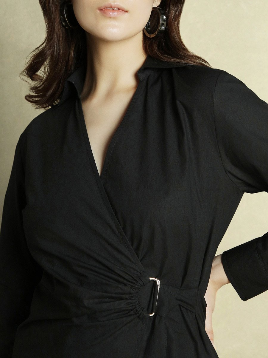 Solid Wrap V-Neck A-Line Midi Dress