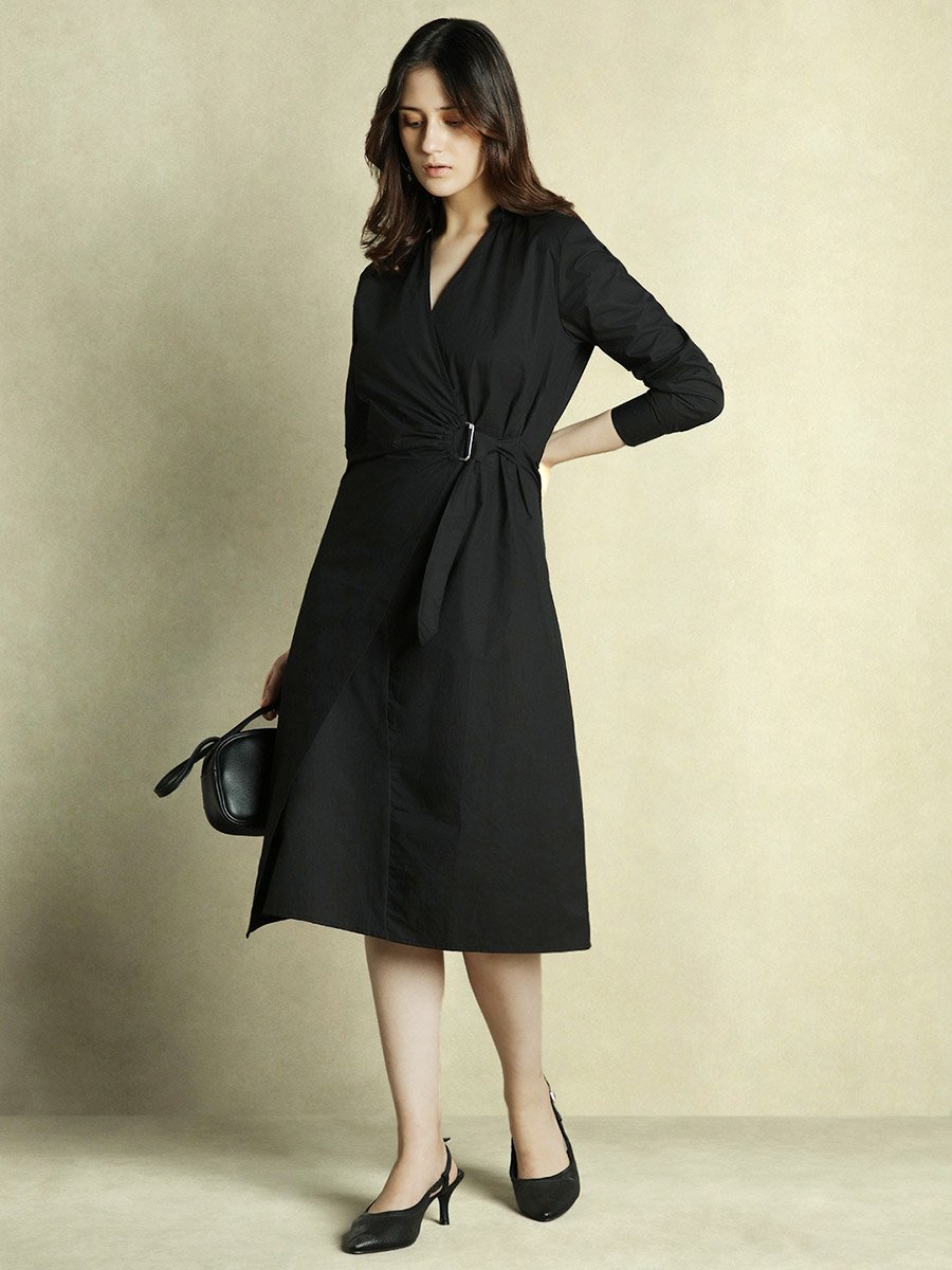 Solid Wrap V-Neck A-Line Midi Dress