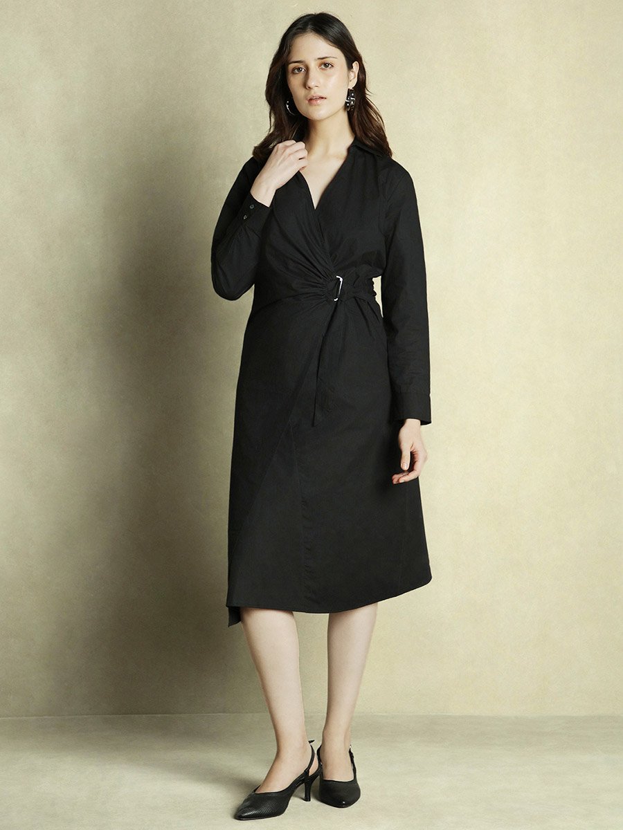 Solid Wrap V-Neck A-Line Midi Dress