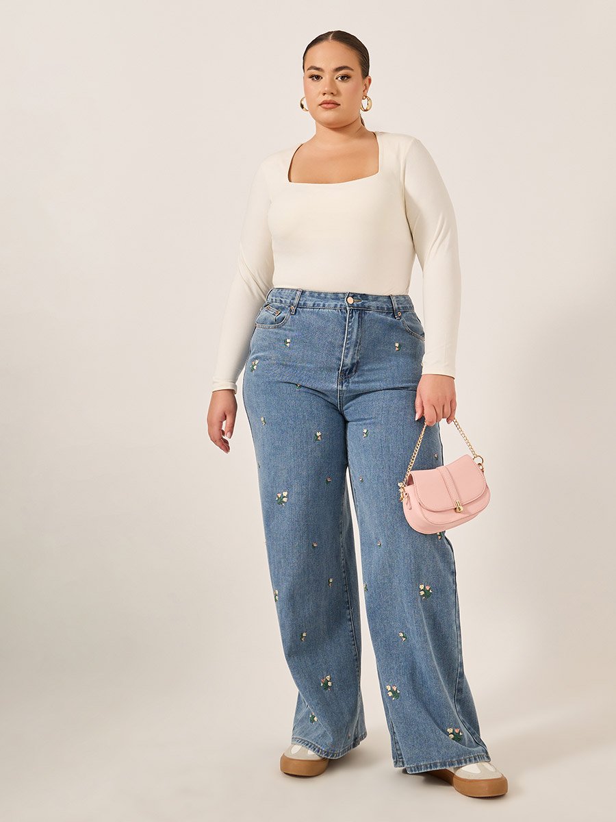 Plus Size High Rise Embroidered Wide Leg Jeans 