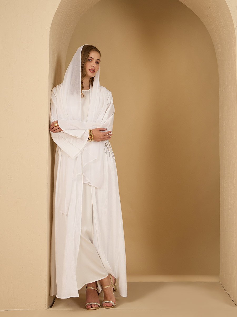 Embellished Detail Textured Abaya with Satin Inner Dress and Scarf Set