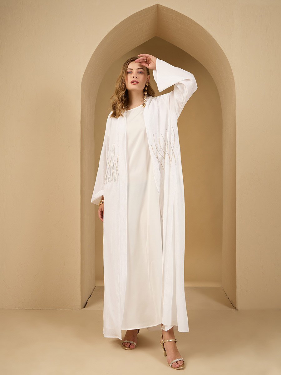 Embellished Detail Textured Abaya with Satin Inner Dress and Scarf Set