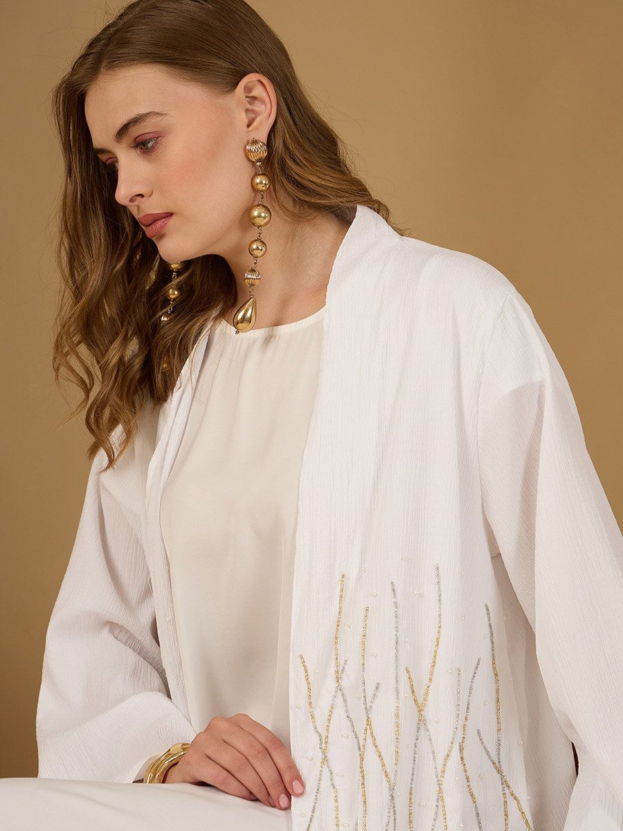 Embellished Detail Textured Abaya with Satin Inner Dress and Scarf Set