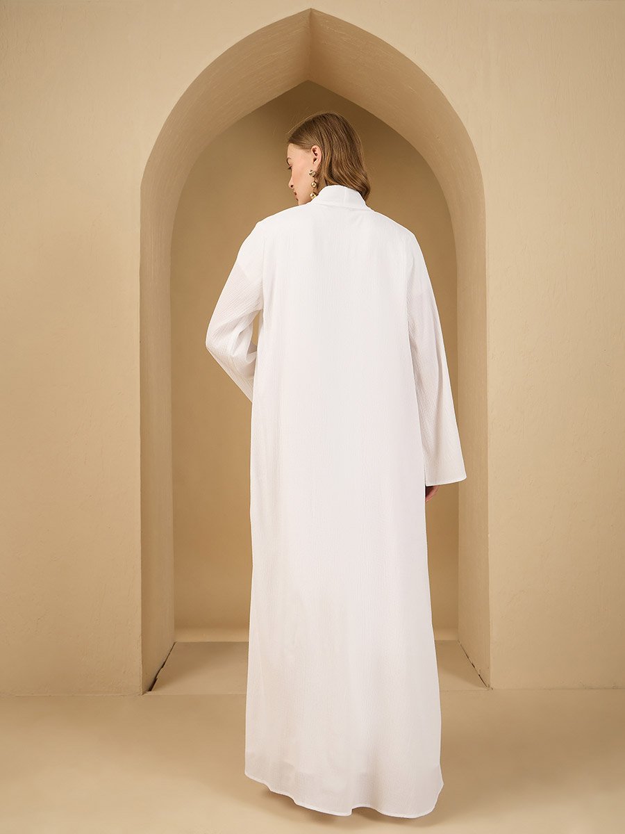 Embellished Detail Textured Abaya with Satin Inner Dress and Scarf Set
