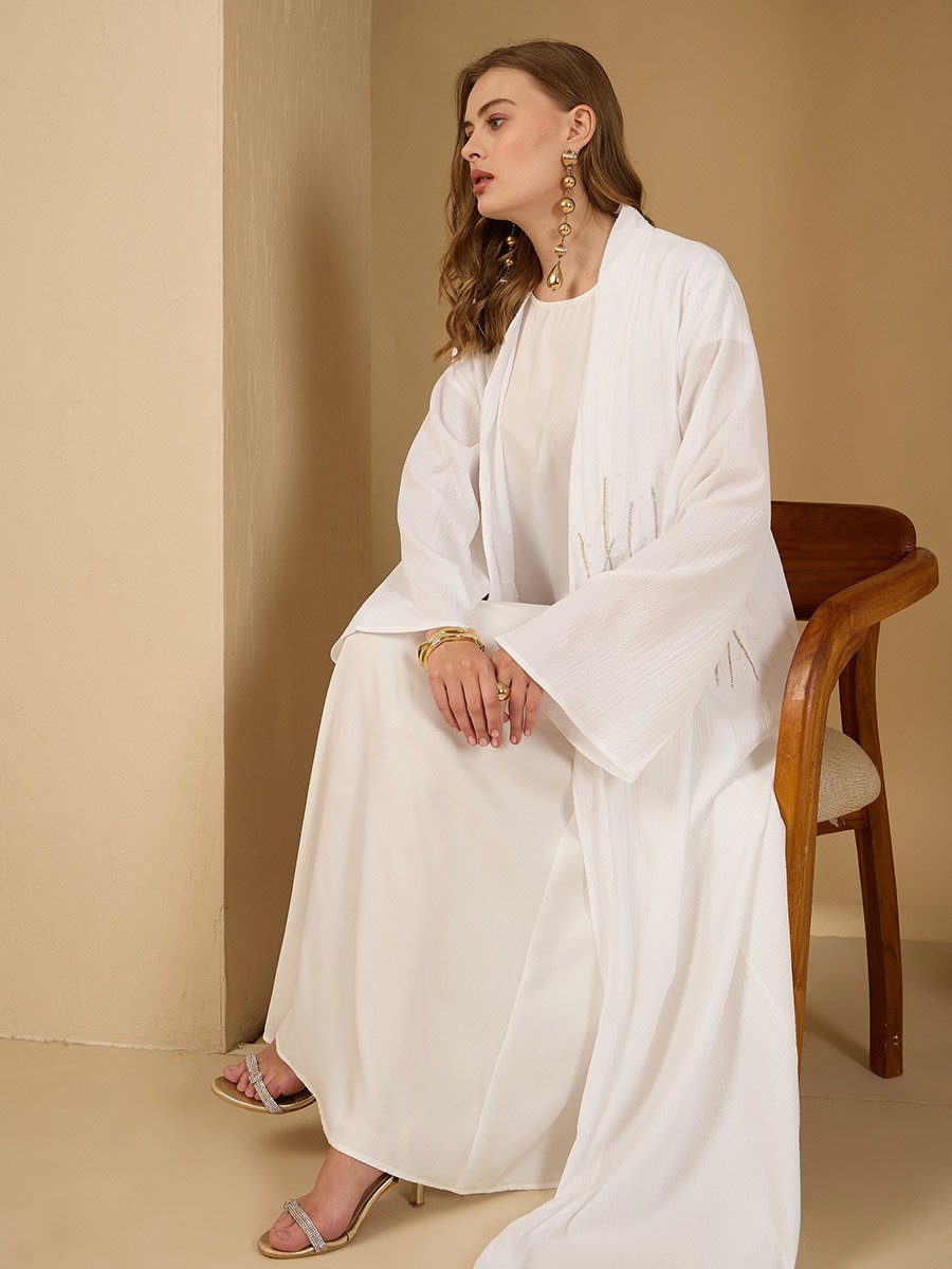 Embellished Detail Textured Abaya with Satin Inner Dress and Scarf Set