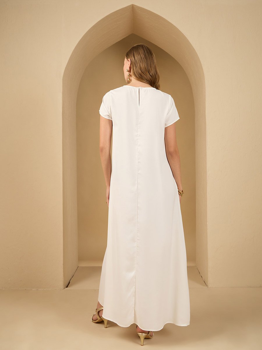 Embellished Detail Textured Abaya with Satin Inner Dress and Scarf Set