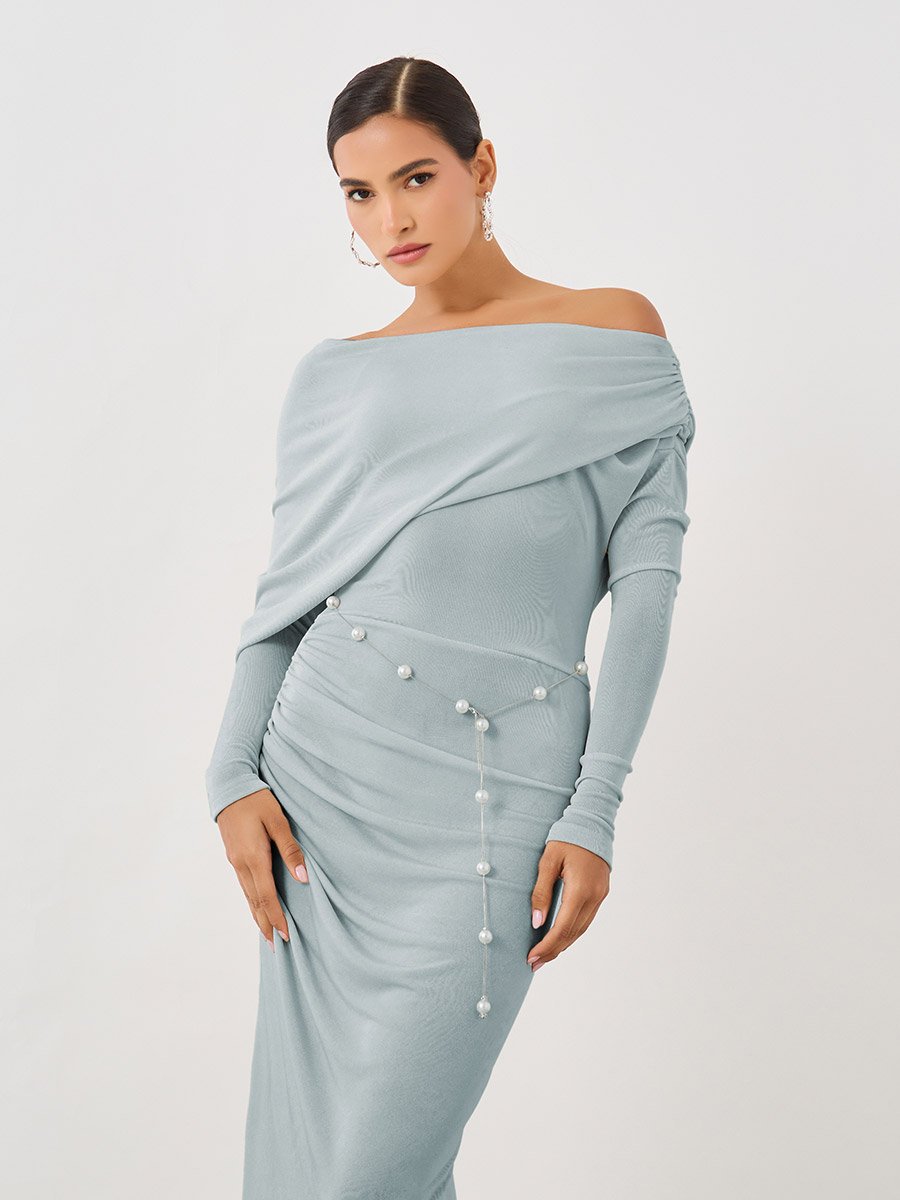 Plain Long Sleeves Midi Dress with Pearl Belt