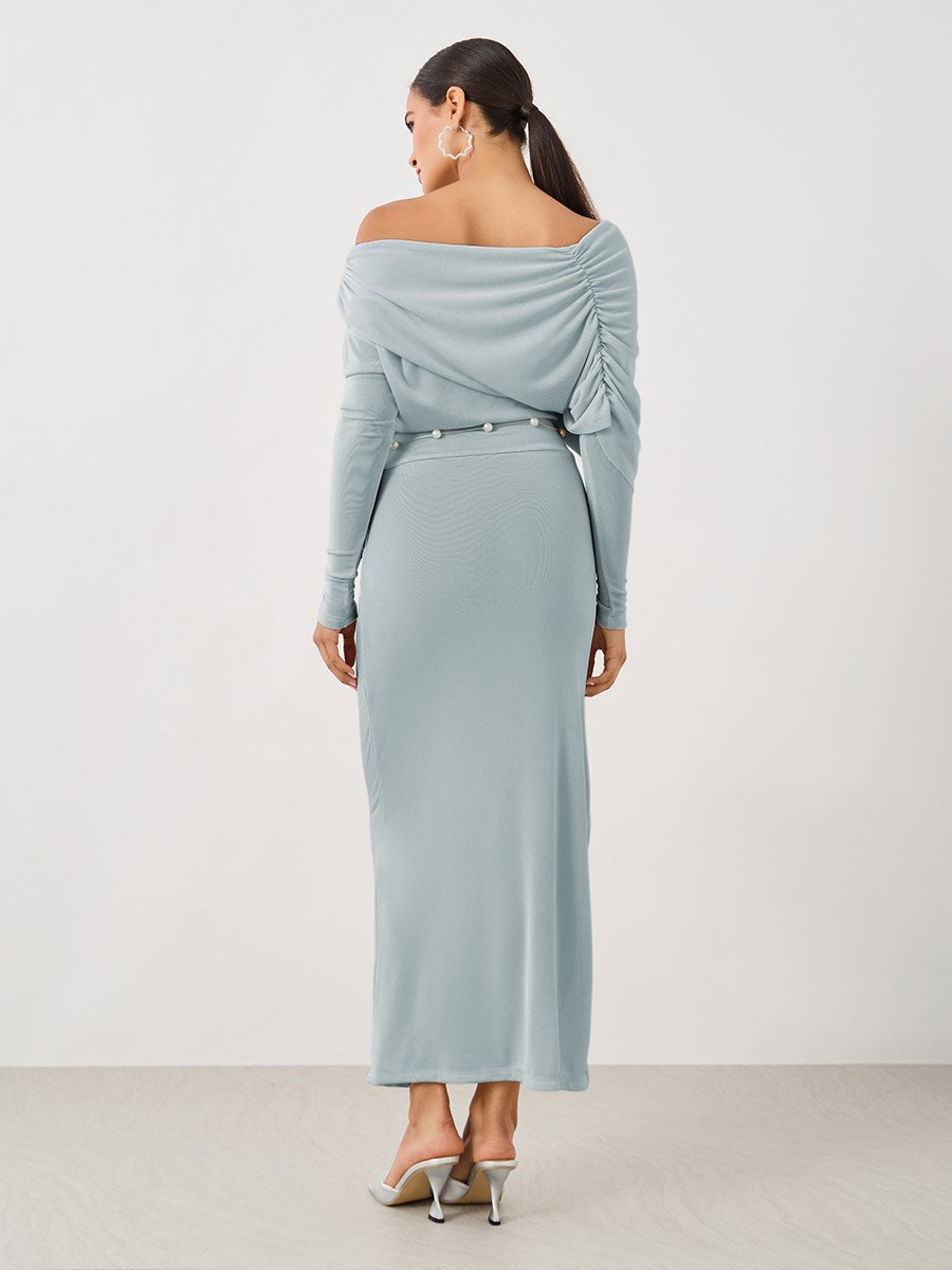 Plain Long Sleeves Midi Dress with Pearl Belt