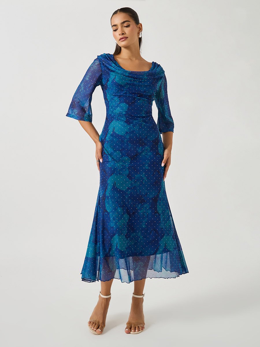 Printed Wide Neck Bell Sleeves Mermaid Hem Midi Dress For Women at Bahrain | Styli Printed Wide Neck Bell Sleeves Mermaid Hem Midi Dress For Women at Bahrain | Styli