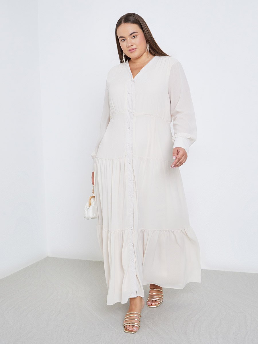 Plus Tiered Maxi Dress with Buttons