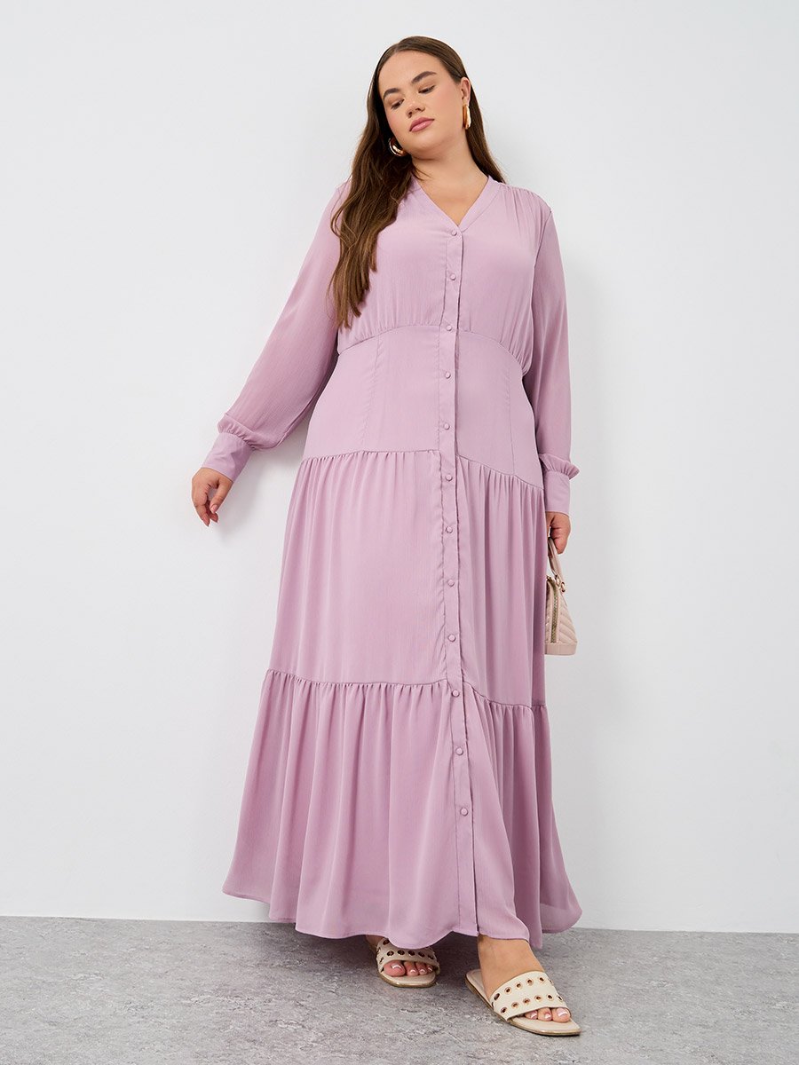 Plus Tiered Maxi Dress with Buttons