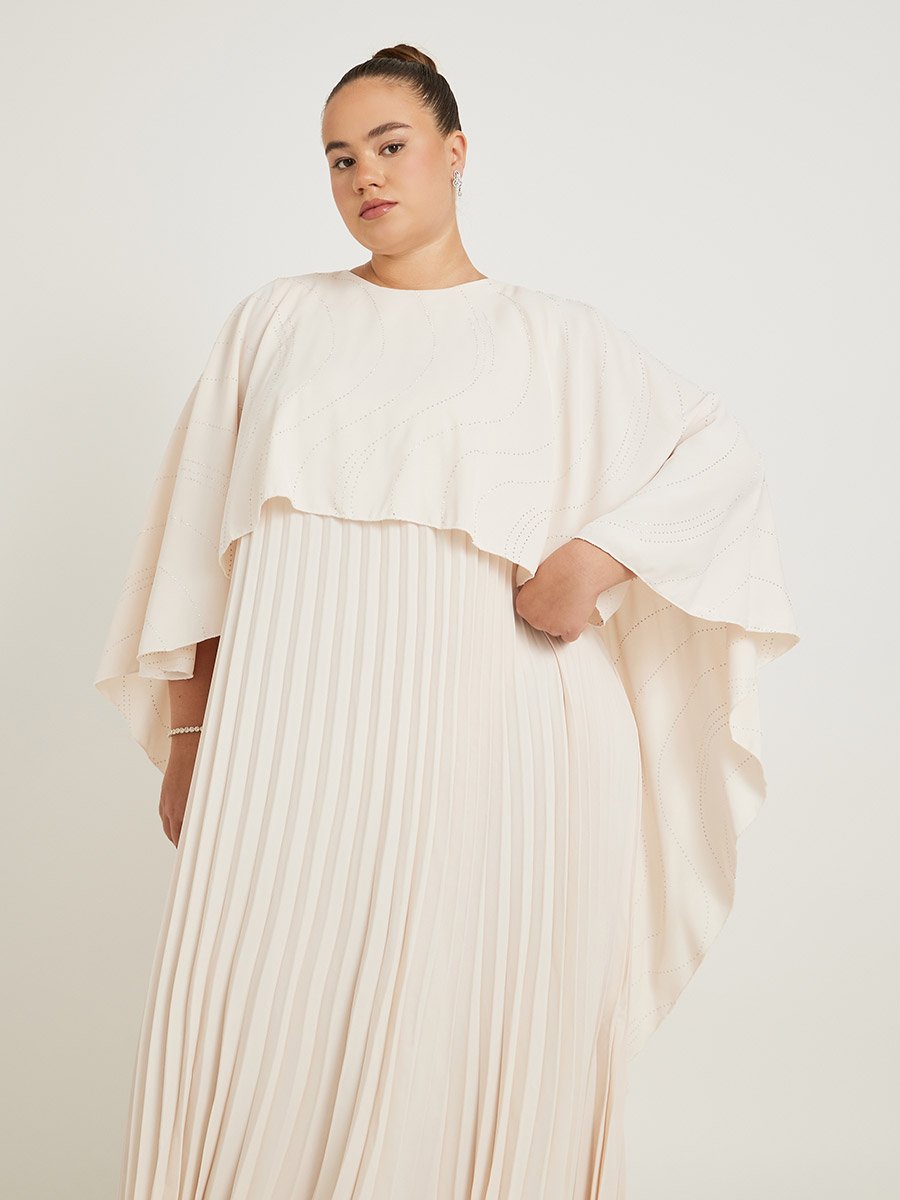 Plus Size Cape Sleeve Pleated Maxi Dress
