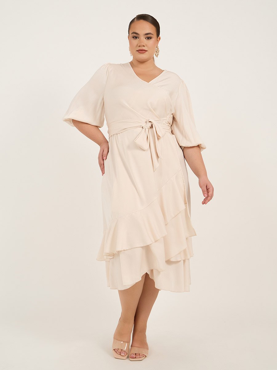 Plus Size Balloon Sleeve Wrap Midi Dress