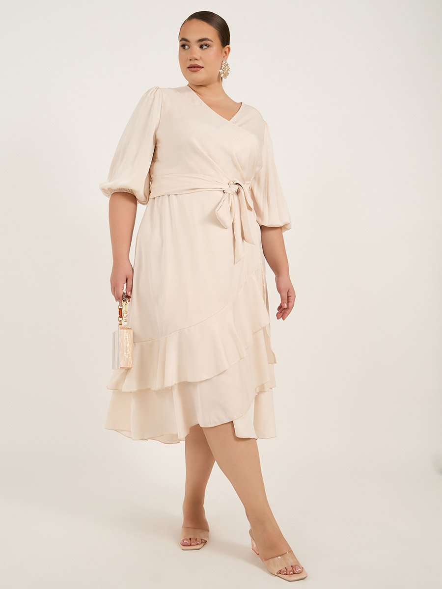 Plus Size Balloon Sleeve Wrap Midi Dress
