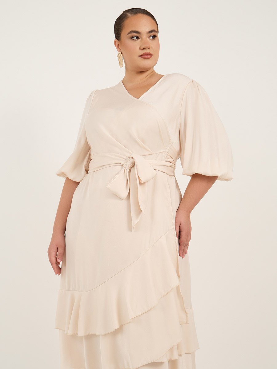 Plus Size Balloon Sleeve Wrap Midi Dress