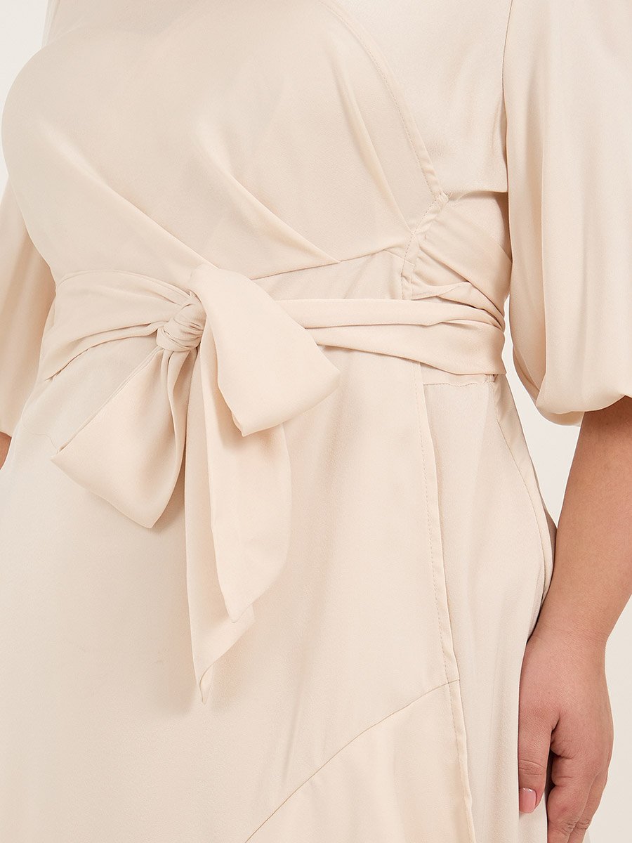 Plus Size Balloon Sleeve Wrap Midi Dress