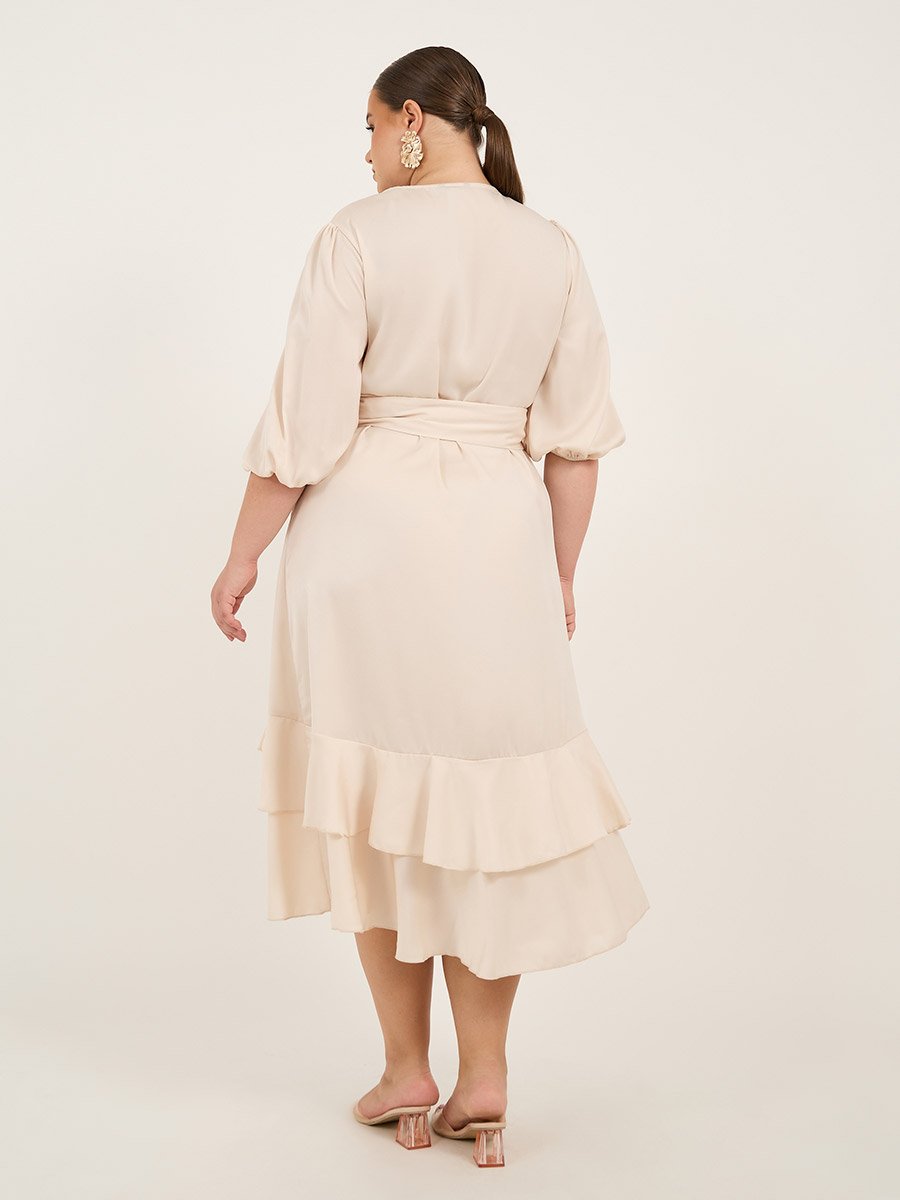 Plus Size Balloon Sleeve Wrap Midi Dress