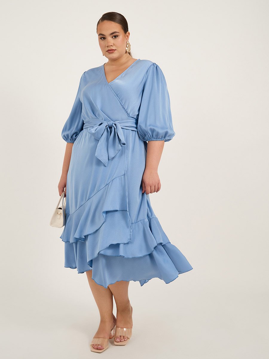 Plus Size Balloon Sleeve Wrap Midi Dress