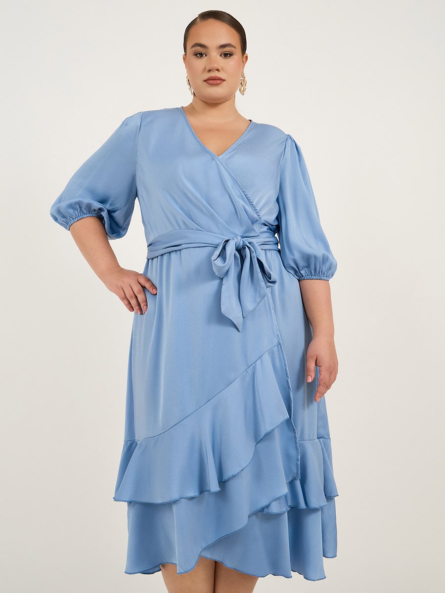 Plus Size Balloon Sleeve Wrap Midi Dress