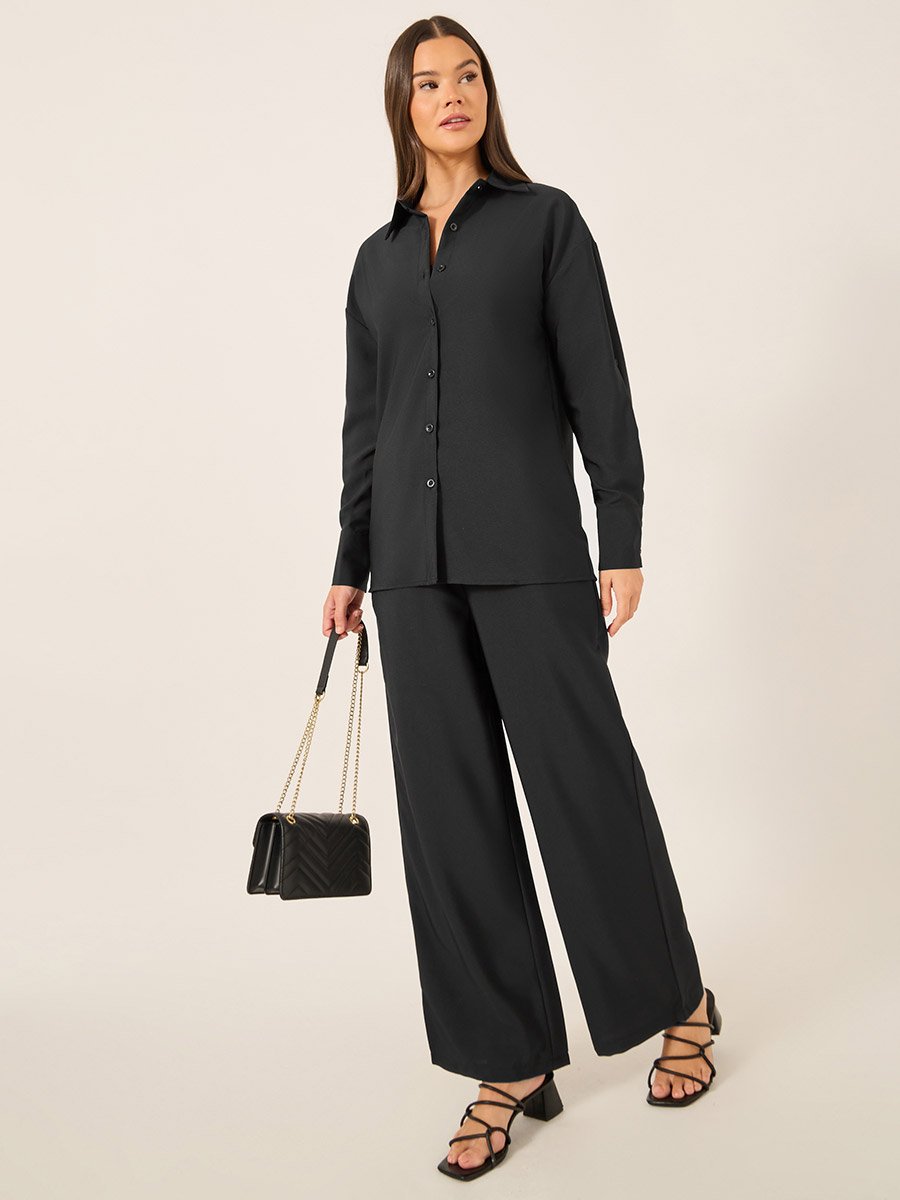 Solid Long Sleeve Shirt and Wide Leg Pants Co-Ords