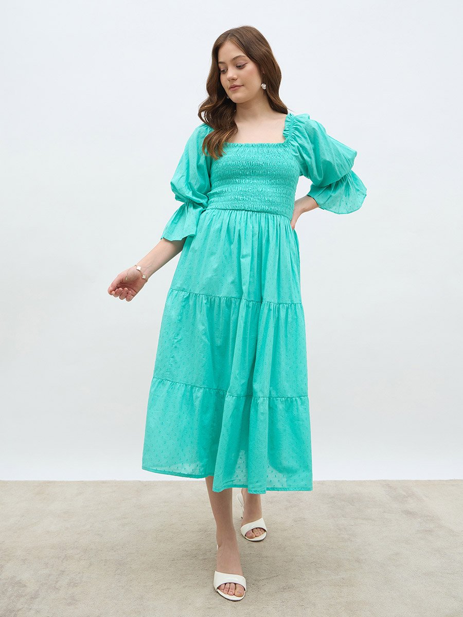 Smocked Detail Ruffled Sleeve Midi Dress