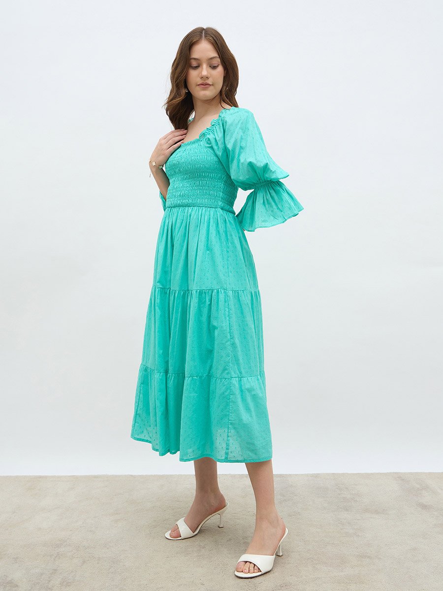 Smocked Detail Ruffled Sleeve Midi Dress