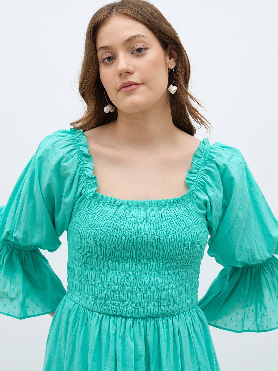 Smocked Detail Ruffled Sleeve Midi Dress